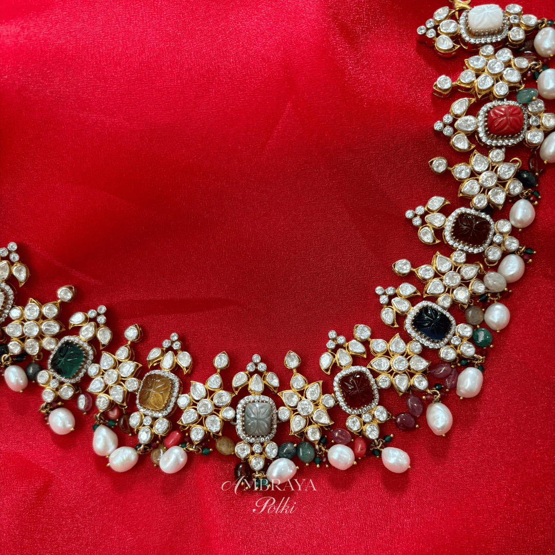 Devi Navratna Necklace Set - Ambraya Polki