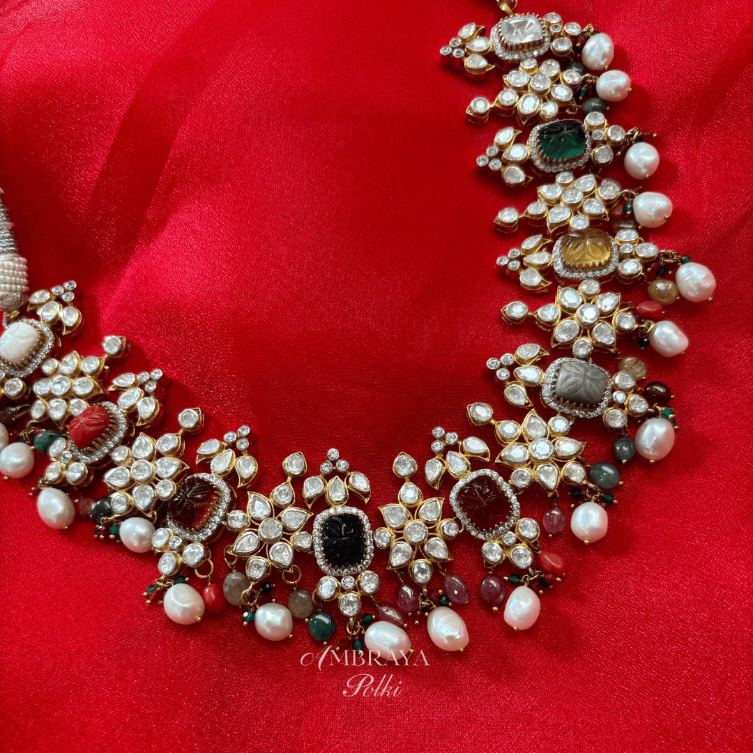 Devi Navratna Necklace Set - Ambraya Polki