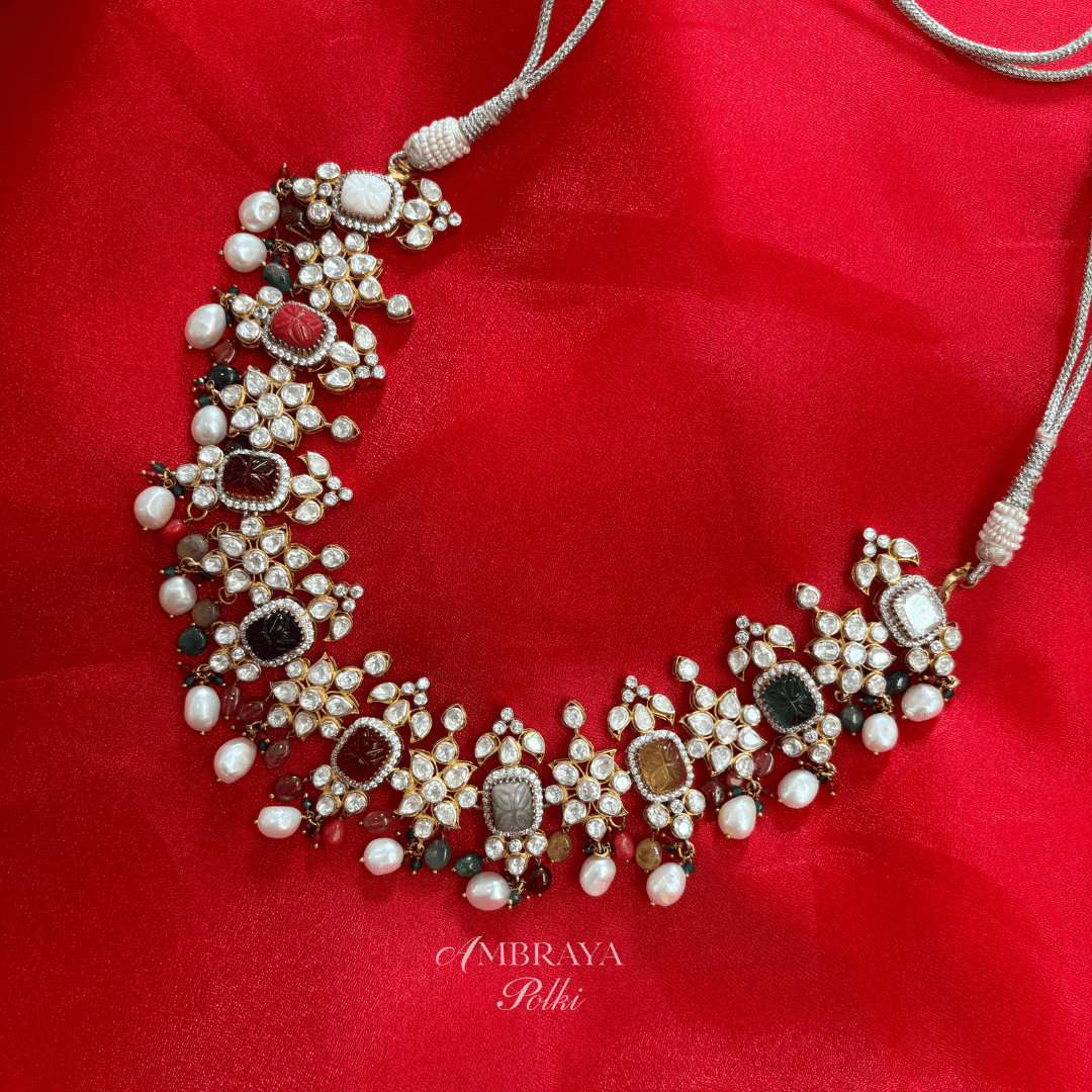 Devi Navratna Necklace Set - Ambraya Polki