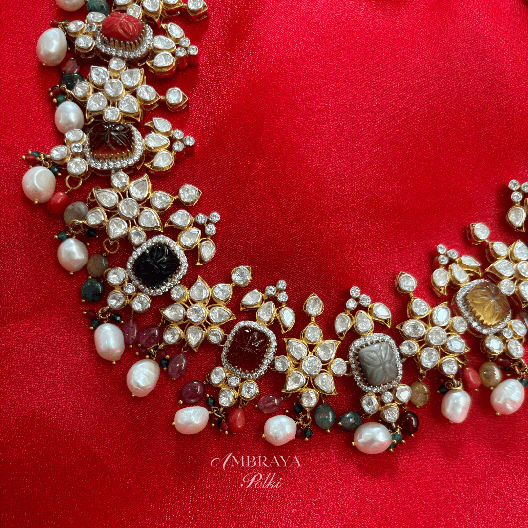 Devi Navratna Necklace Set - Ambraya Polki
