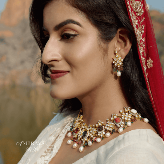 Devi Navratna Necklace Set - Ambraya Polki