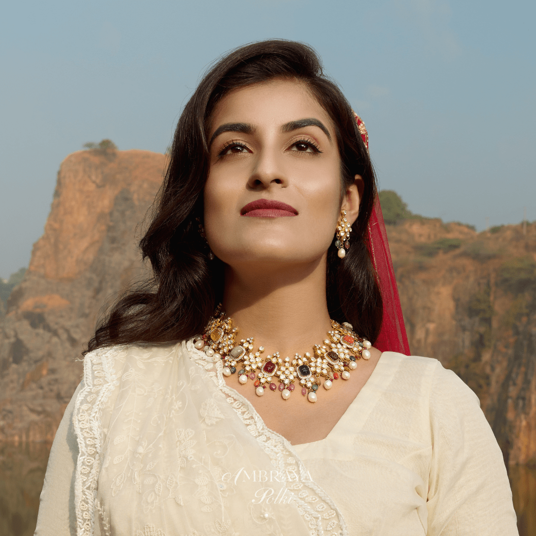Devi Navratna Necklace Set - Ambraya Polki