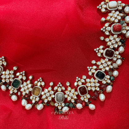 Devi Navratna Necklace Set - Ambraya Polki