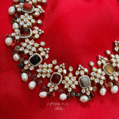 Devi Navratna Necklace Set - Ambraya Polki
